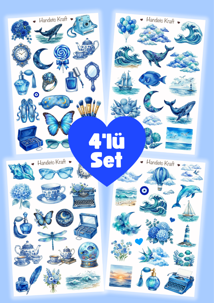 4'lü Blue Aesthetic Sticker Seti, Planner Etiket, Çıkartma, Çoklu Sticker, Journal Sticker