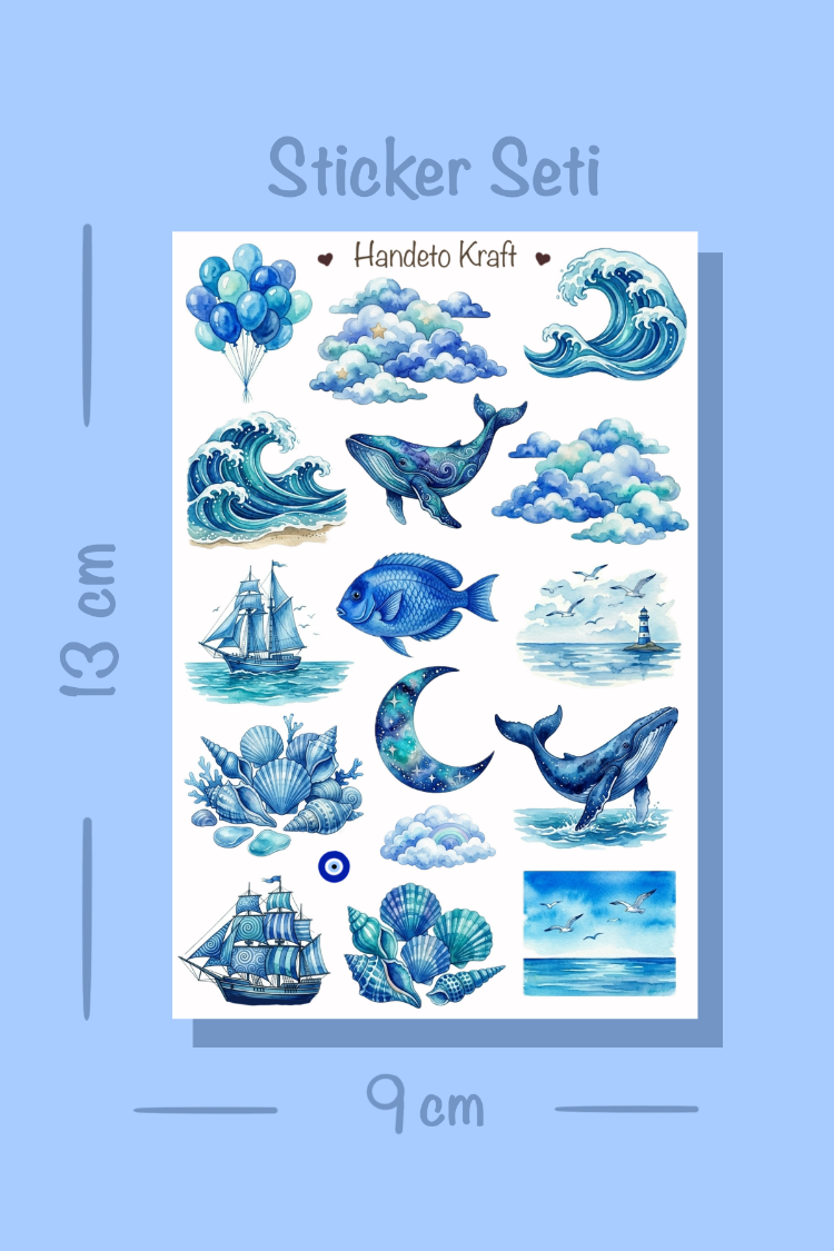 4'lü Blue Aesthetic Sticker Seti, Planner Etiket, Çıkartma, Çoklu Sticker, Journal Sticker