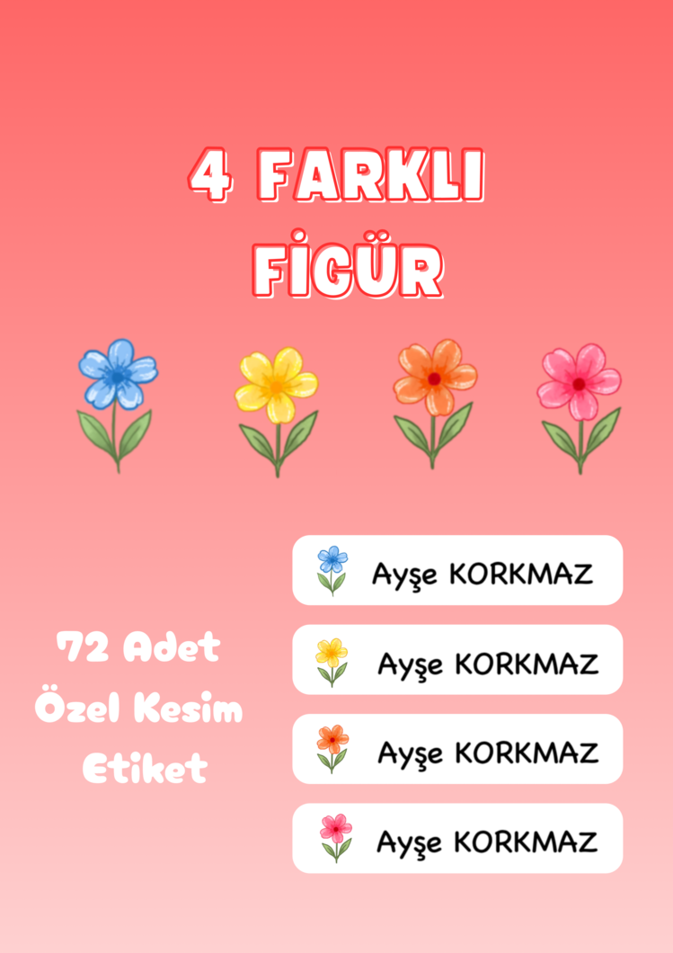 72 Adet Çiçek Temalı Kişiye Özel Okul Etiketi İsim Yazılabilen Etiket Kalem Defter Etiket