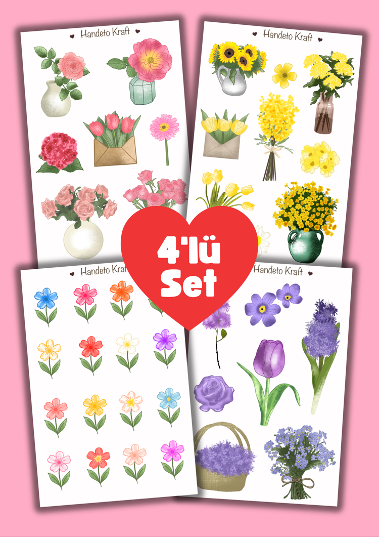 Çiçek temalı 4lü Çoklu Sticker Seti, 8x12 cm, çıkartma, bullet journal, scrapbook, etiket