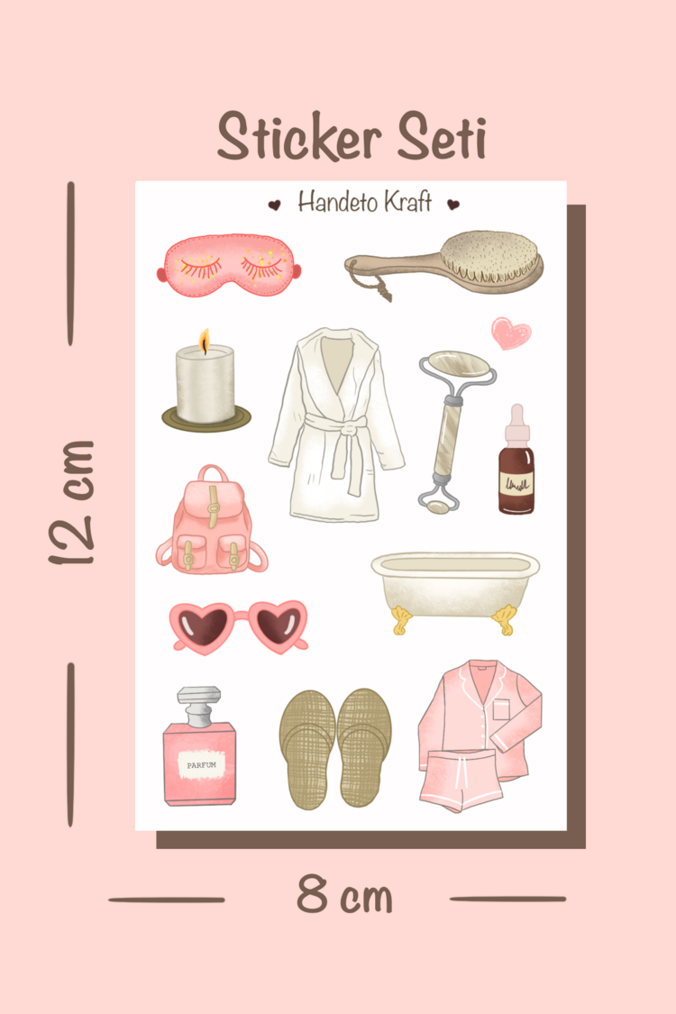 Pembe bakım temalı Sticker Seti, 8x12 cm, çıkartma, bullet journal, scrapbook, kolaj, etiket