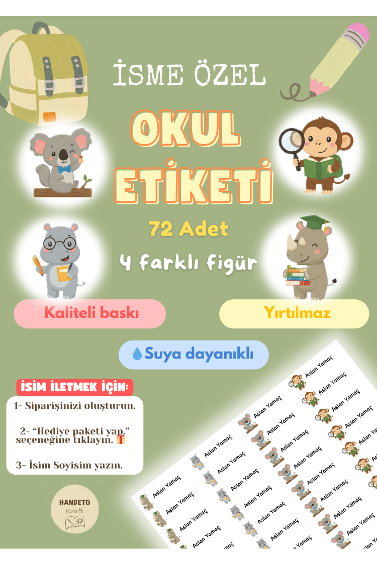 72 Adet Safari Temalı Kişiye Özel Okul Etiketi İsim Yazılabilen Etiket Kalem Defter Etiket