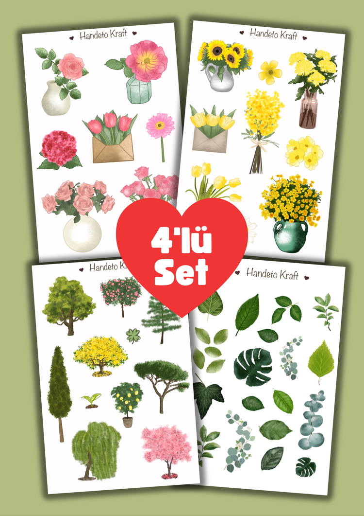 Bitki Çoklu Sticker Seti, 4lü sticker, Yarı şeffaf sticker, 8x12 cm, çıkartma, kola