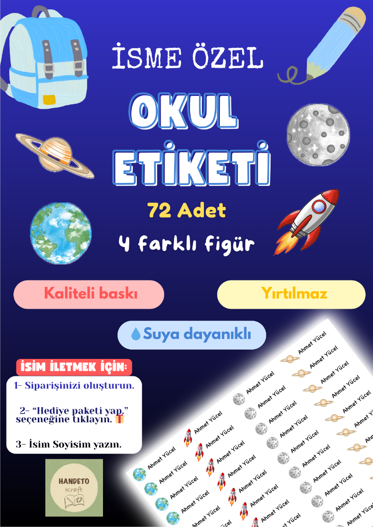 72 Adet Uzay Temalı Kişiye Özel Okul Etiketi İsim Yazılabilen Etiket Kalem Defter Etiket