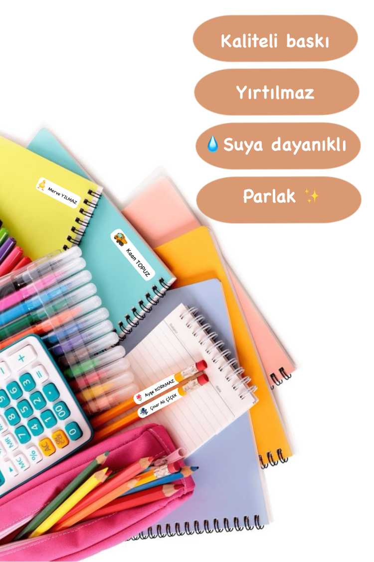 72 Adet Tatlı Hayvan Temalı Kişiye Özel Okul Etiketi İsim Yazılabilen Etiket Kalem Defter