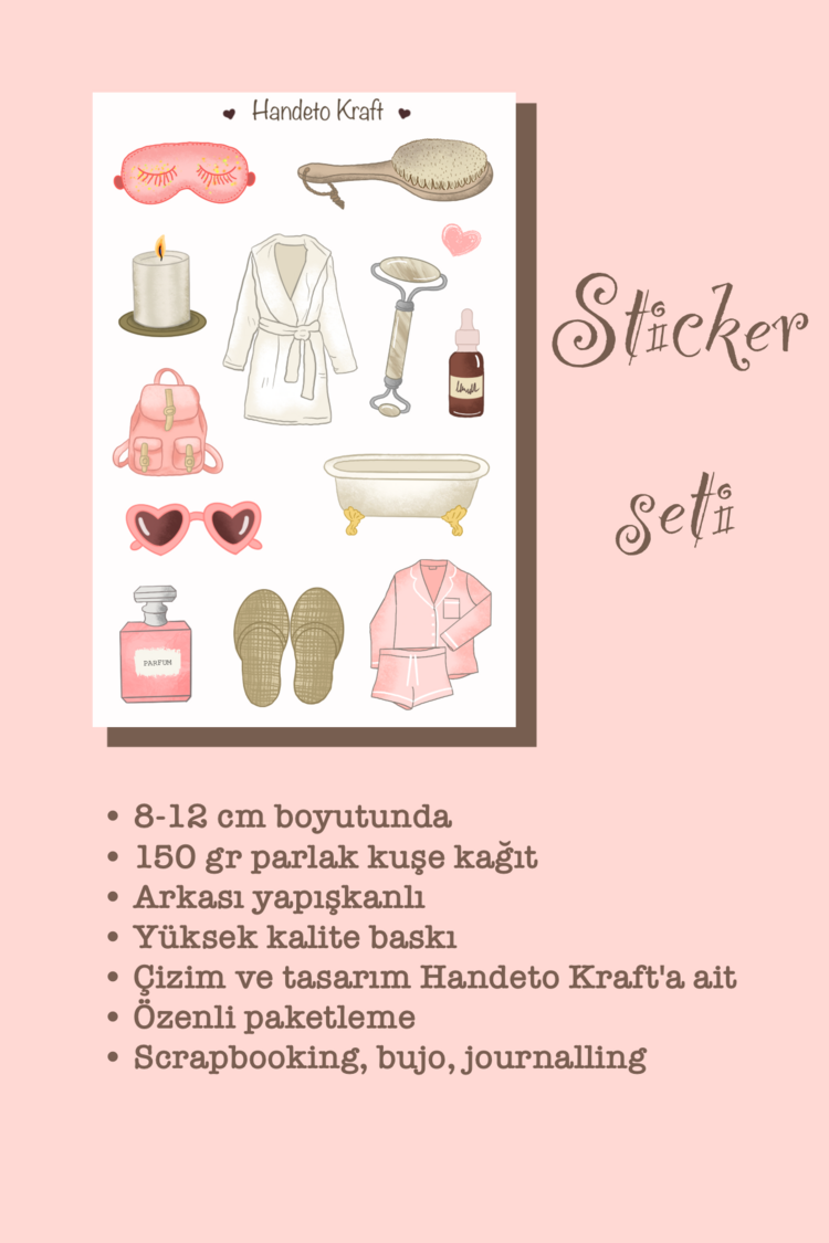 Pembe bakım temalı Sticker Seti, 8x12 cm, çıkartma, bullet journal, scrapbook, kolaj, etiket