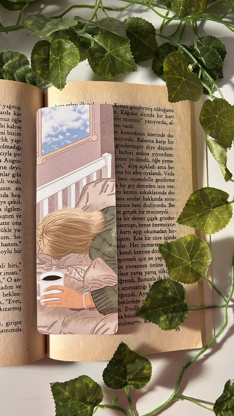 Uyku ve kahve temalı kitap ayracı