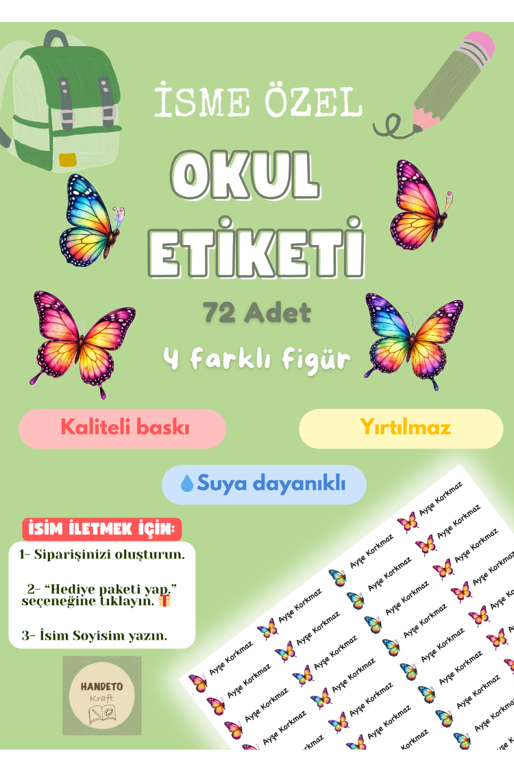 72 Adet Kelebek Temalı Kişiye Özel Okul Etiketi İsim Yazılabilen Etiket Kalem Defter Etiket
