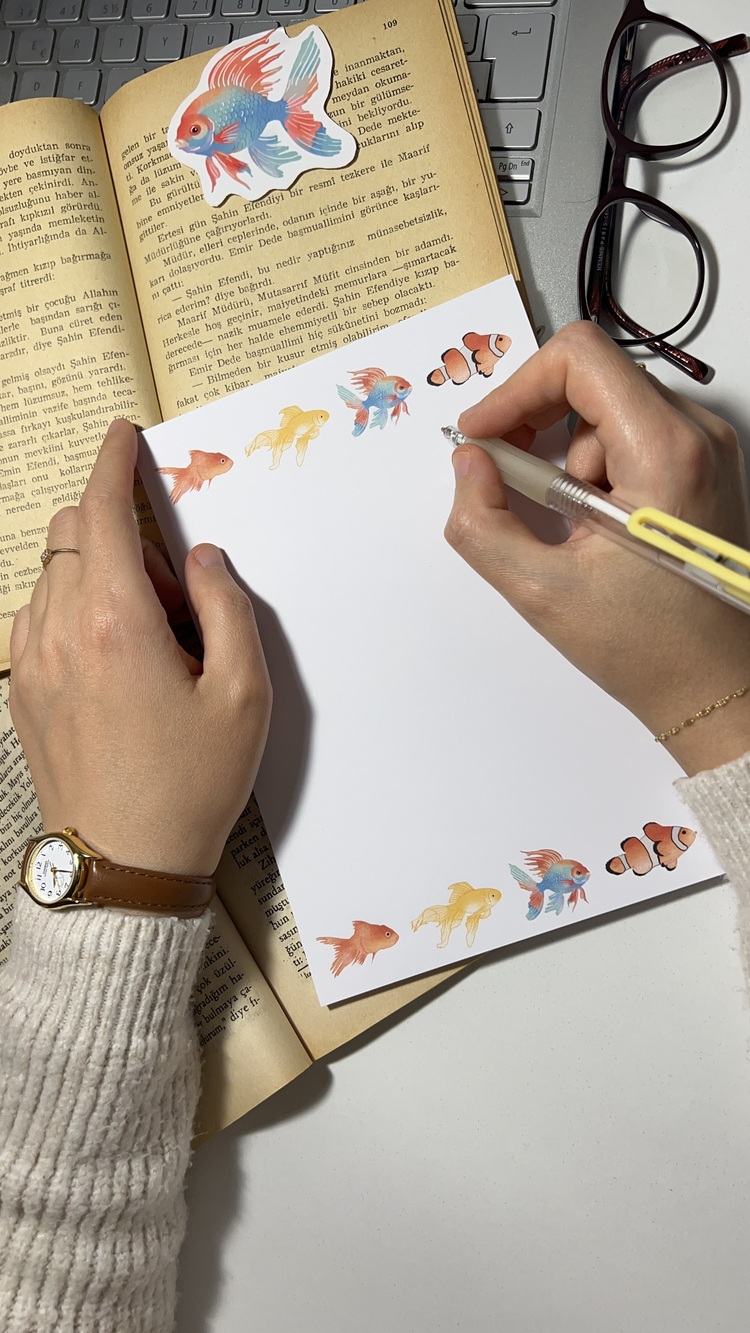 Balık temalı notepad /Çek kopar not defteri, A5 boyutu, 40 sf., Tutkalla birleştirilmiştir.