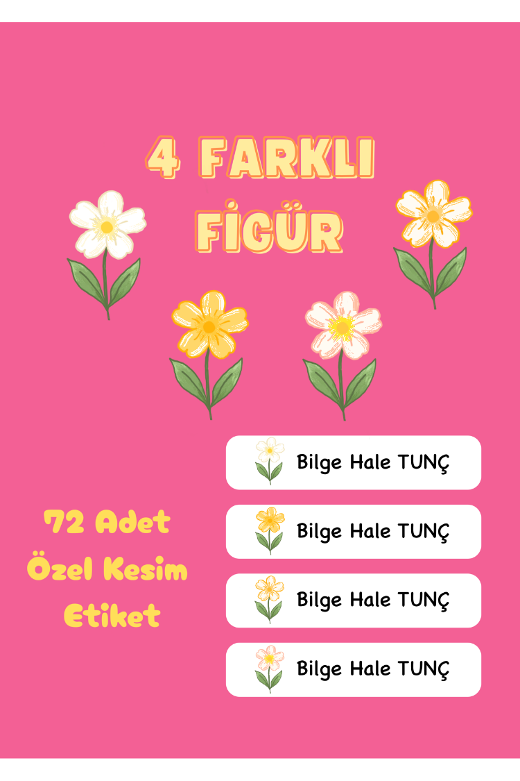 72 Adet Sarı Çiçek Temalı Kişiye Özel Okul Etiketi İsim Yazılabilen Etiket Kalem Defter