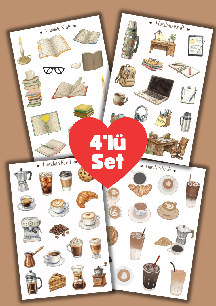 4'lü Ofis ve Ders Sticker Seti, Planner Etiket, Çıkartma, Çoklu Sticker, Journal Sticker