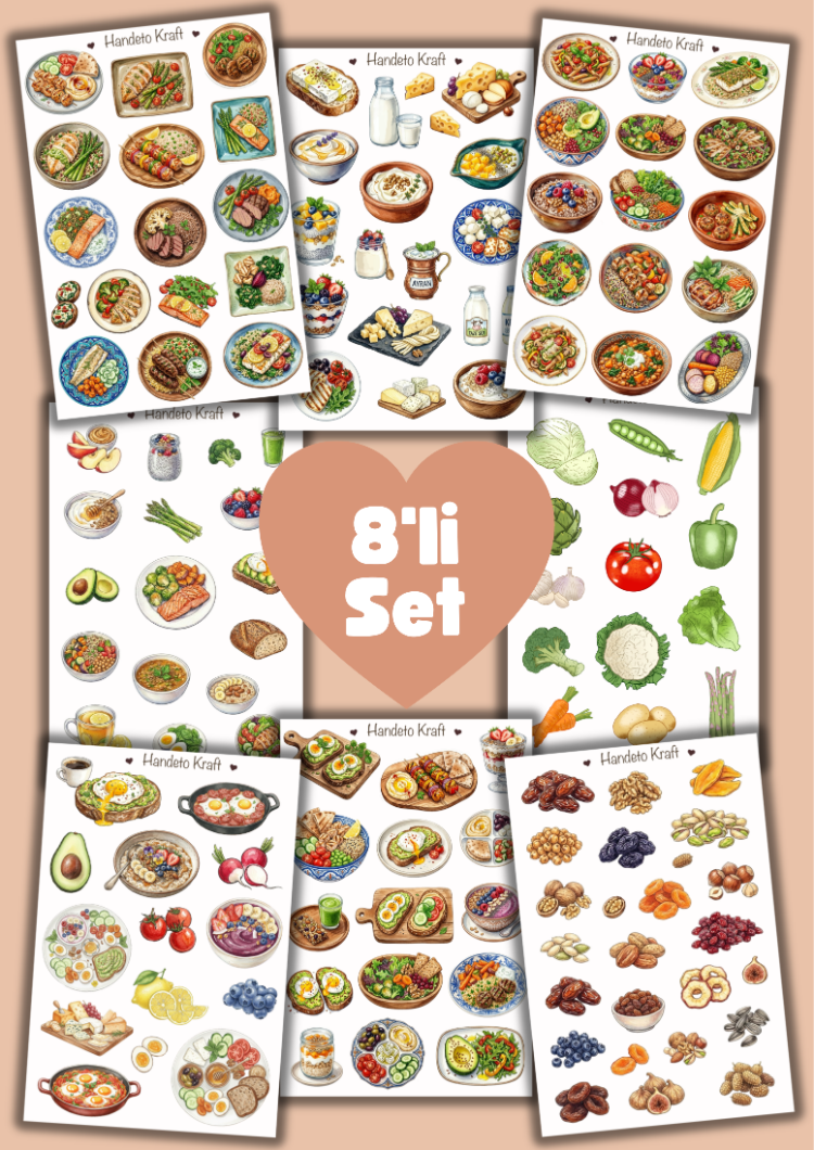 8'lü Sağlıklı Yemekler ve Diyet Sticker Seti, Planner Etiket, Çıkartma, Ajanda Sticker