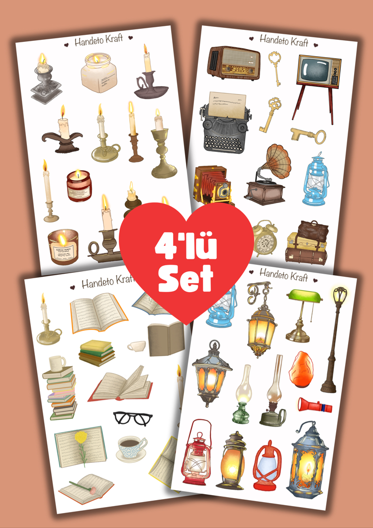 Vintage sticker seti 4'lü Set, 8x12 cm, çıkartma, bullet journal, scrapbook, kolaj, etiket