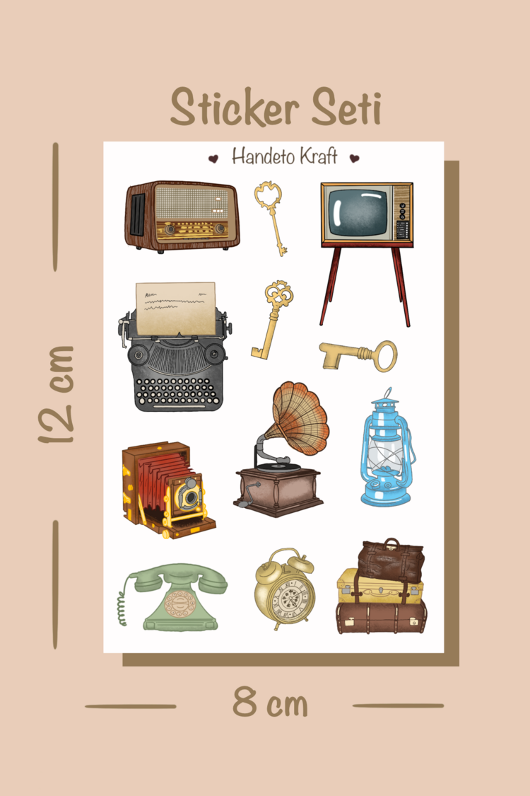 Vintage sticker seti 4'lü Set, 8x12 cm, çıkartma, bullet journal, scrapbook, kolaj, etiket
