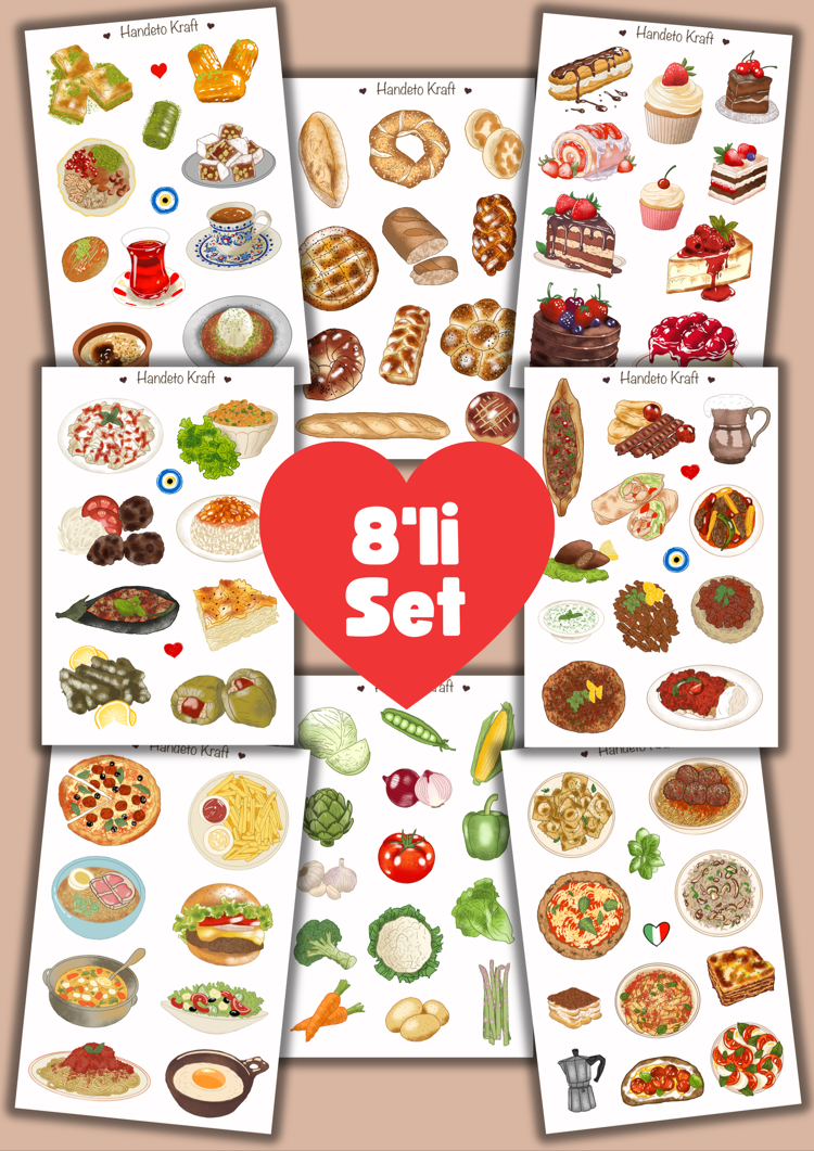 Yemek ve tatlı Çoklu Sticker, 8li sticker, 9x13 cm,