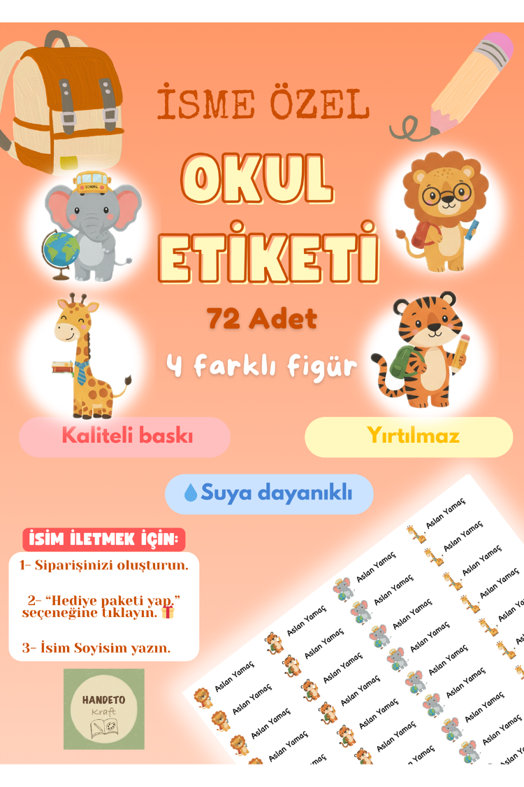 72 Adet Safari Temalı Kişiye Özel Okul Etiketi İsim Yazılabilen Etiket Kalem Defter Etiket