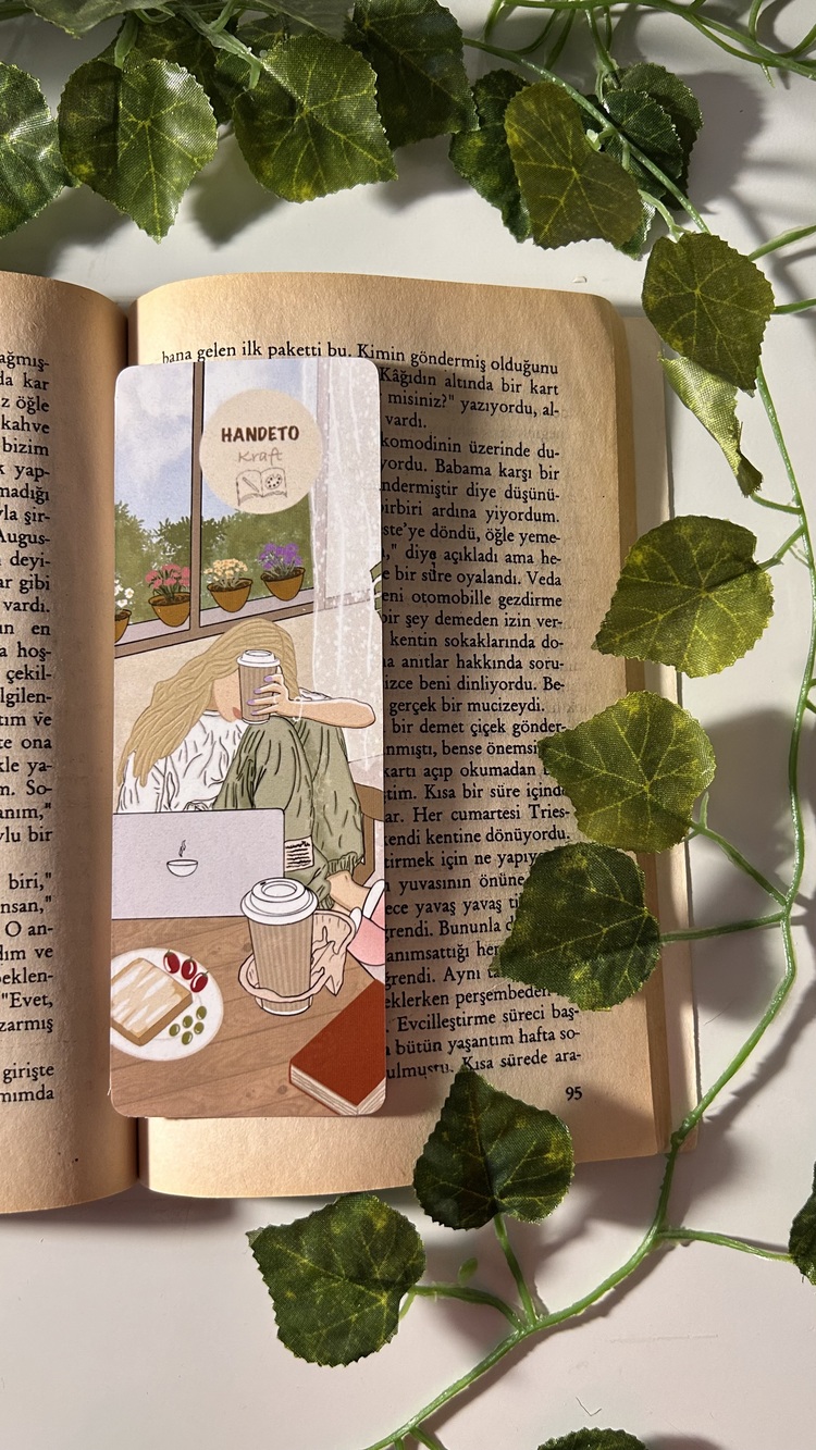 Kahve ve iş temalı kitap ayracı