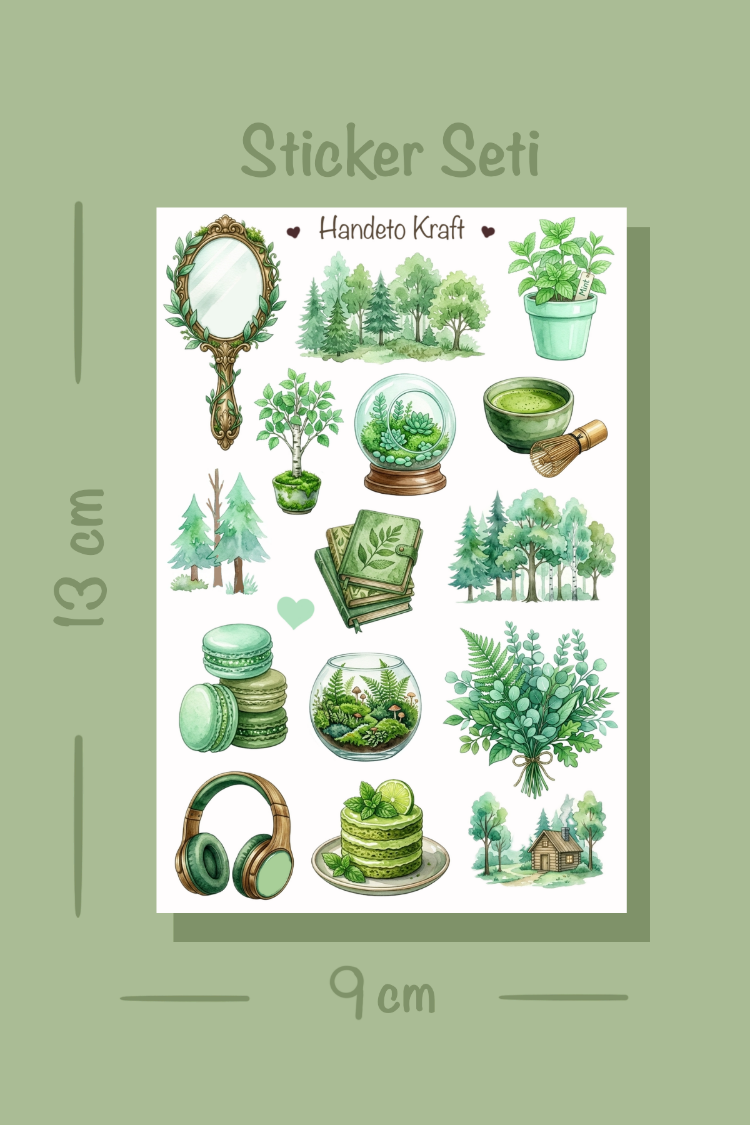 4'lü Green Aesthetic Sticker Seti, Planner Etiket, Çıkartma, Çoklu Sticker, Journal Sticker