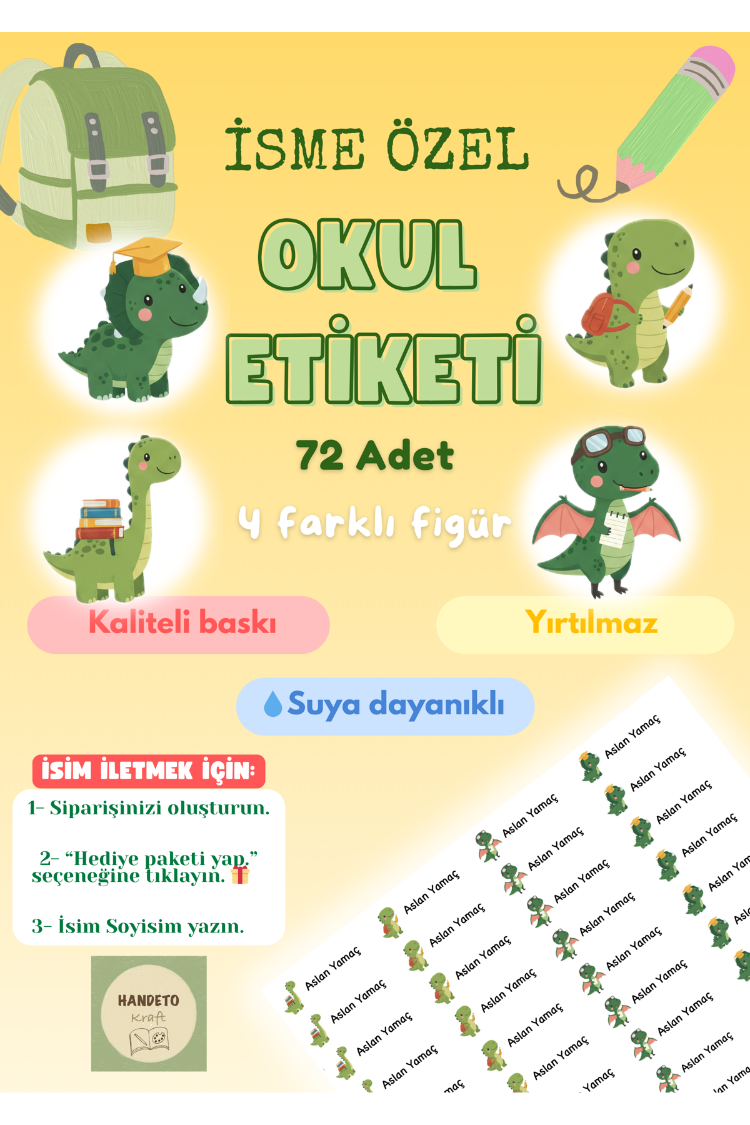 72 Adet Dinozor Temalı Kişiye Özel Okul Etiketi İsim Yazılabilen Etiket Kalem Defter Etiket