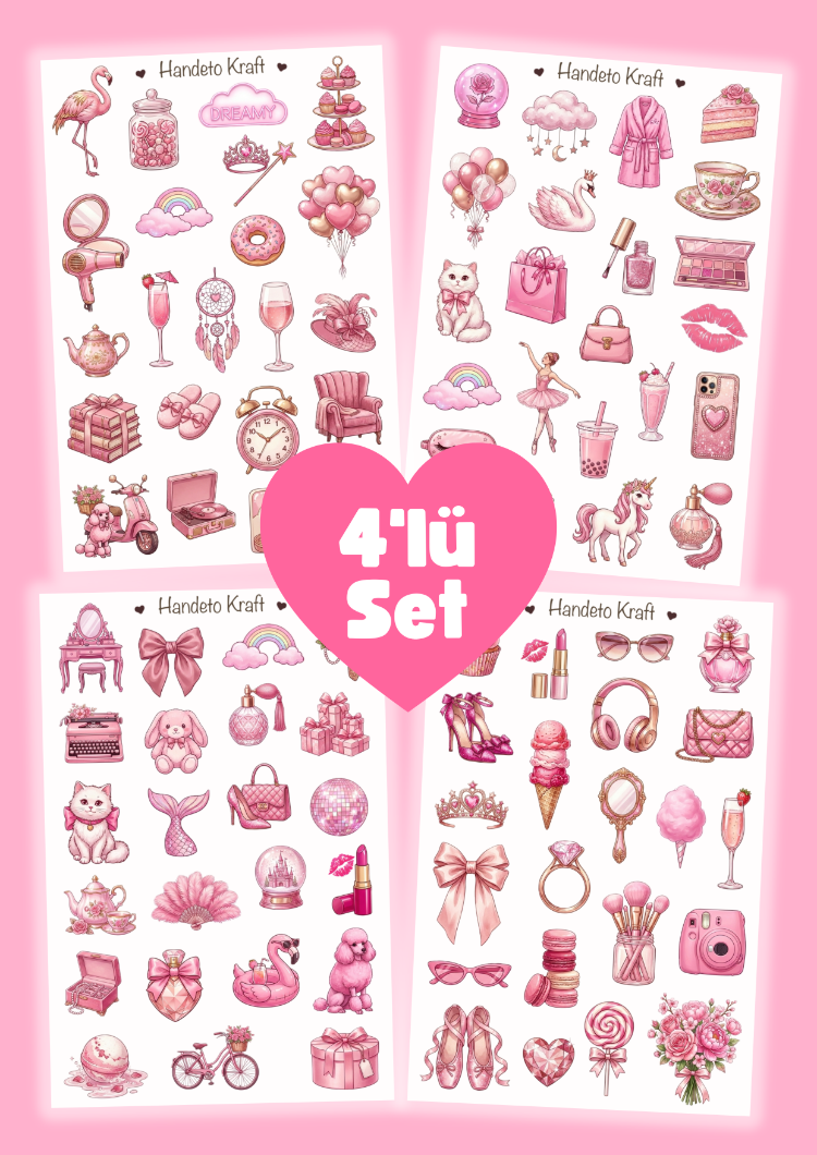 4'lü Pink Aesthetic Sticker Seti, Planner Etiket, Çıkartma, Çoklu Sticker, Journal Sticker