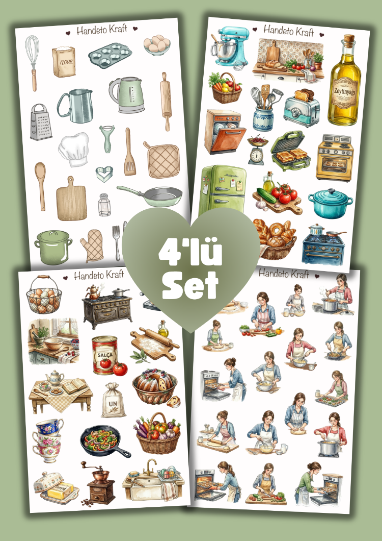 4'lü Mutfak Sticker Seti, Planner Etiket, Çıkartma, Ajanda Sticker, Journal Sticker
