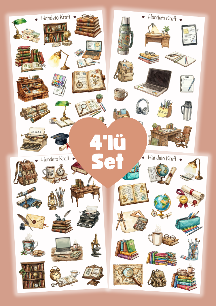 4'lü Vintage Ders Çalışma Sticker Seti, Planner Etiket, Çıkartma