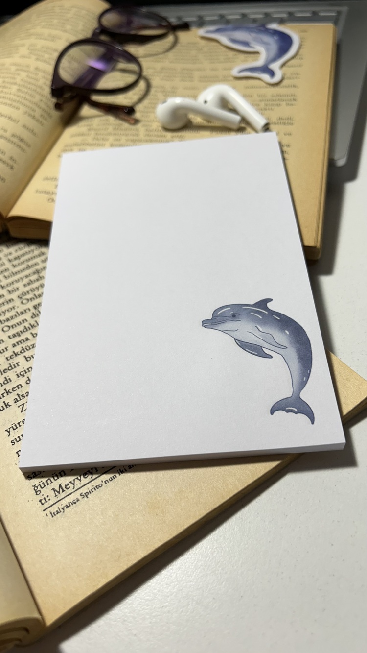 Yunus Balığı Temalı Notepad Çek Kopar Defter, Tutkallı Bloknot, A6, Çizgisiz Defter