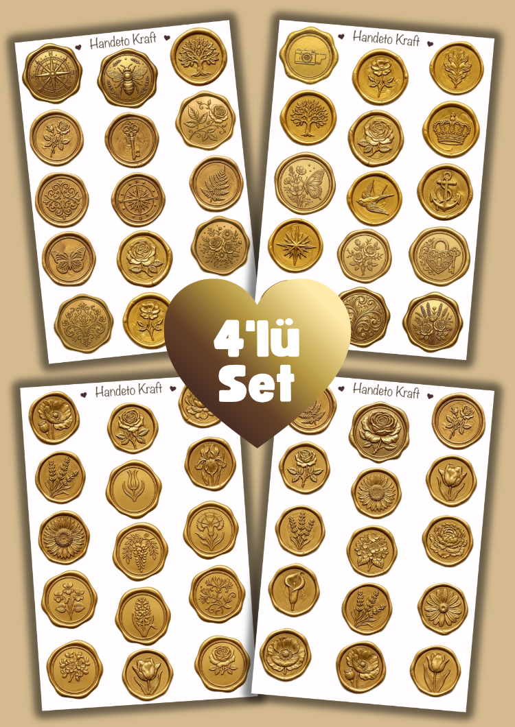 4'lü Mum Mühür Görünümlü Gold Desen Sticker Seti Bullet Journal Scrapbook Paketleme Davetiye