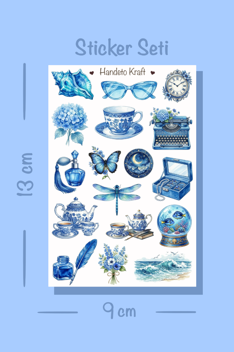 4'lü Blue Aesthetic Sticker Seti, Planner Etiket, Çıkartma, Çoklu Sticker, Journal Sticker