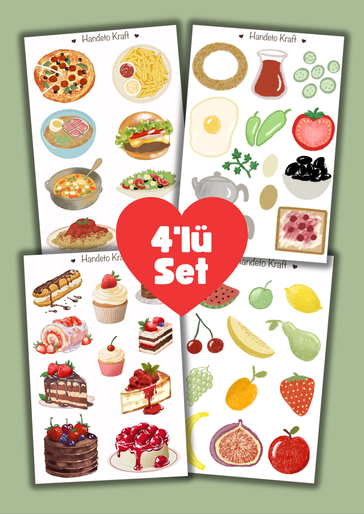 Yiyecek temalı 4lü Çoklu Sticker Seti, 8x12 cm, çıkartma, bullet journal, scrapbook, etiket