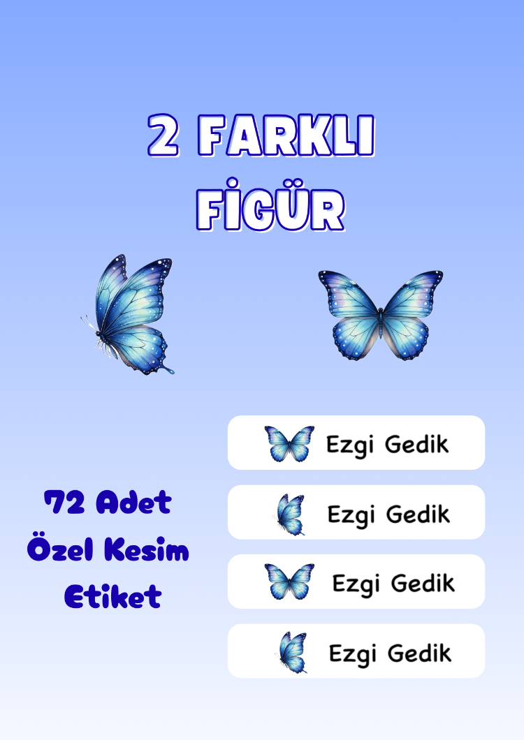 72 Adet Mavi Kelebek Kişiye Özel Okul Etiketi İsim Yazılabilen Etiket Kalem Defter Etiket