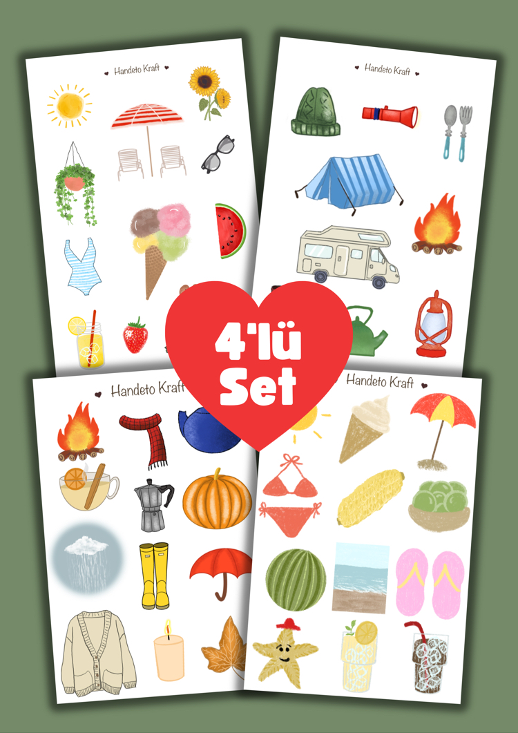 Mevsim temalı 4lü Çoklu Sticker Seti, 8x12 cm, çıkartma, bullet journal, scrapbook, etiket