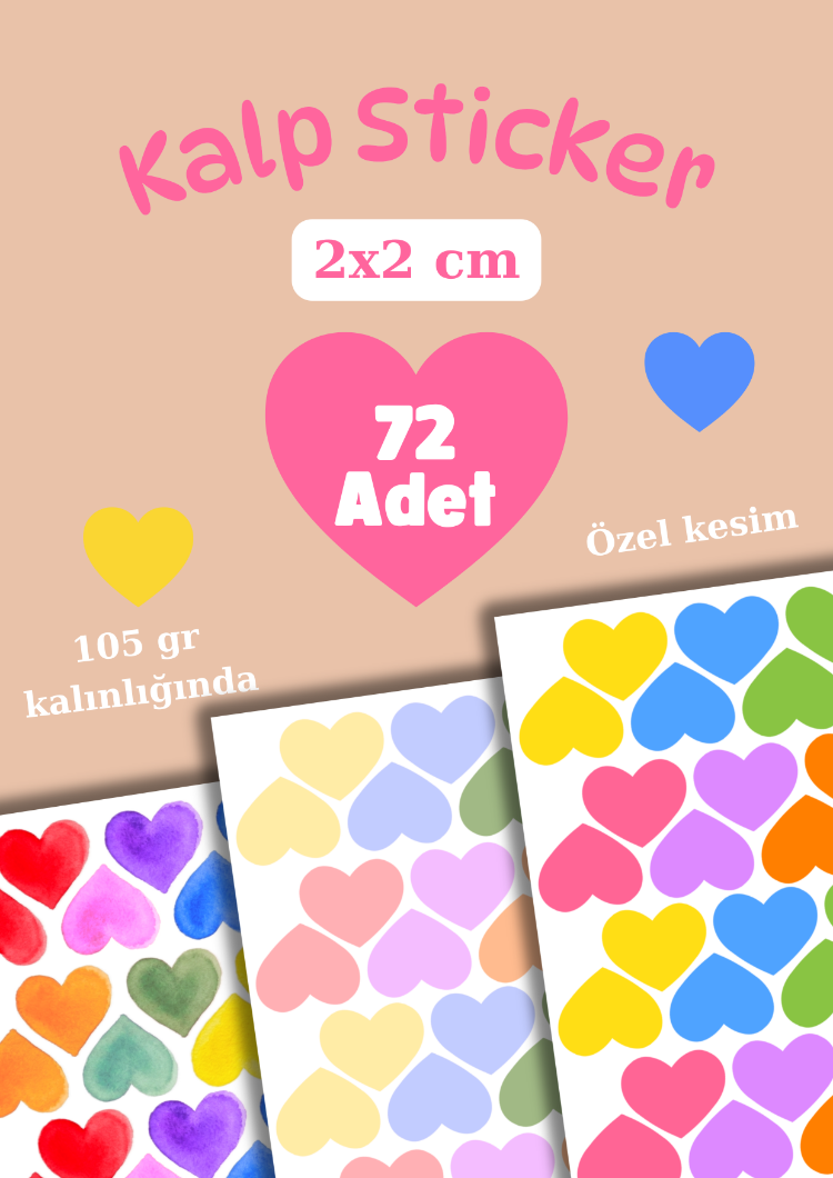 72 Adet Renkli Kalpli Sticker Seti Kalp Etiket Çıkartma Scrapbook Renkli Kalp Sticker