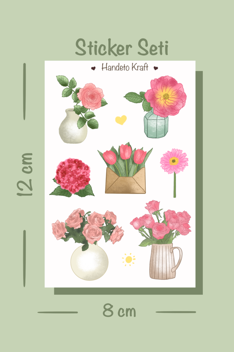 Çiçek temalı 4lü Çoklu Sticker Seti, 8x12 cm, çıkartma, bullet journal, scrapbook, etiket