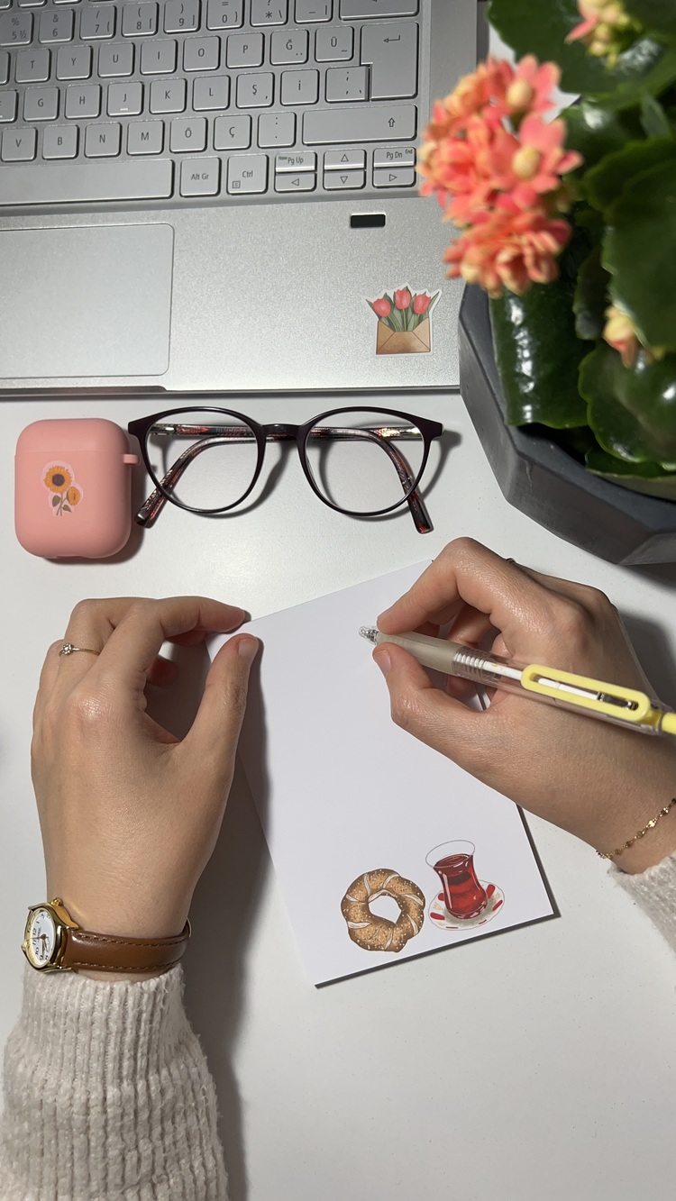Simit ve çay temalı notepad /Çek kopar not defteri, A6 boyutu, 40 sf., Tutkallı bloknot