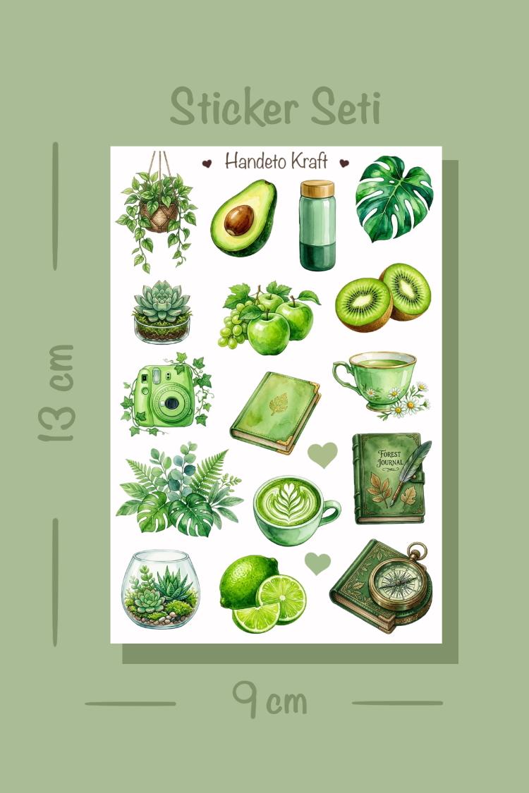 4'lü Green Aesthetic Sticker Seti, Planner Etiket, Çıkartma, Çoklu Sticker, Journal Sticker