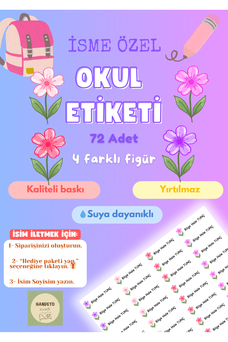 72 Adet Mor Çiçek Temalı Kişiye Özel Okul Etiketi İsim Yazılabilen Etiket Kalem Defter Etiket