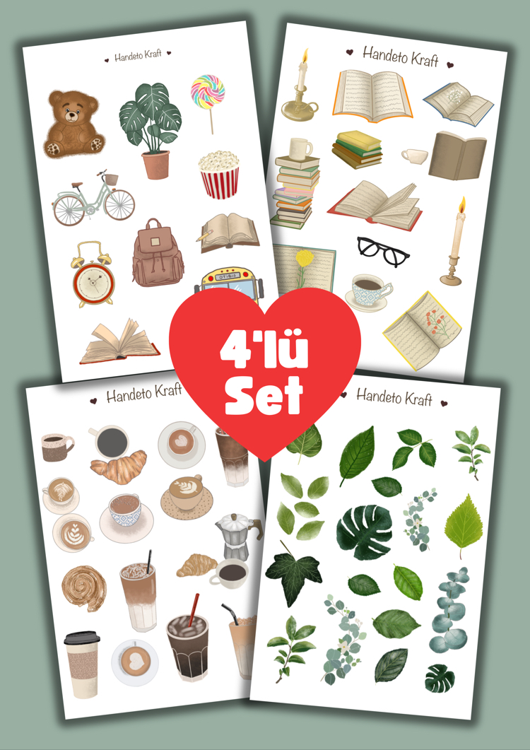Kitap temalı 4lü Çoklu Sticker Seti, 8x12 cm, çıkartma, bullet journal, scrapbook, etiket