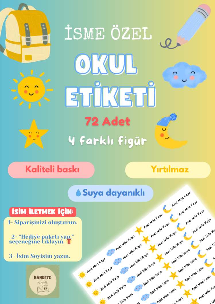 72 Adet Güneş Temalı Kişiye Özel Okul Etiketi İsim Yazılabilen Etiket Kalem Defter Etiket