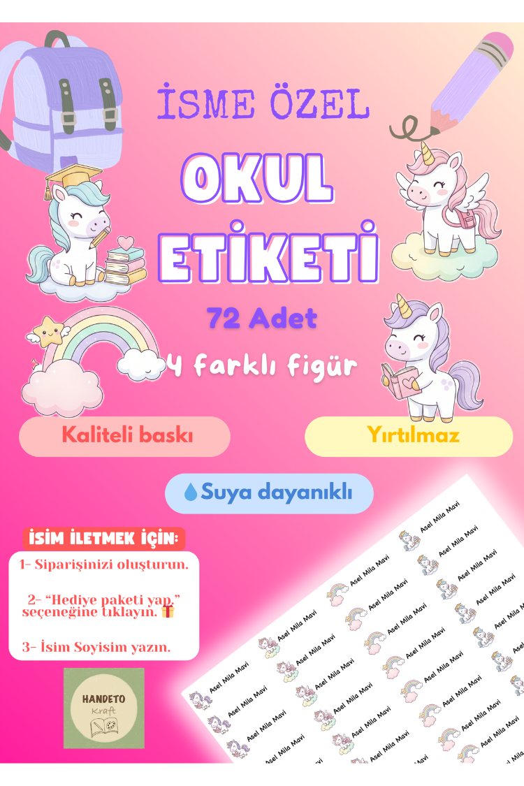 72 Adet Unicorn Temalı Kişiye Özel Okul Etiketi İsim Yazılabilen Etiket Kalem Defter Etiket