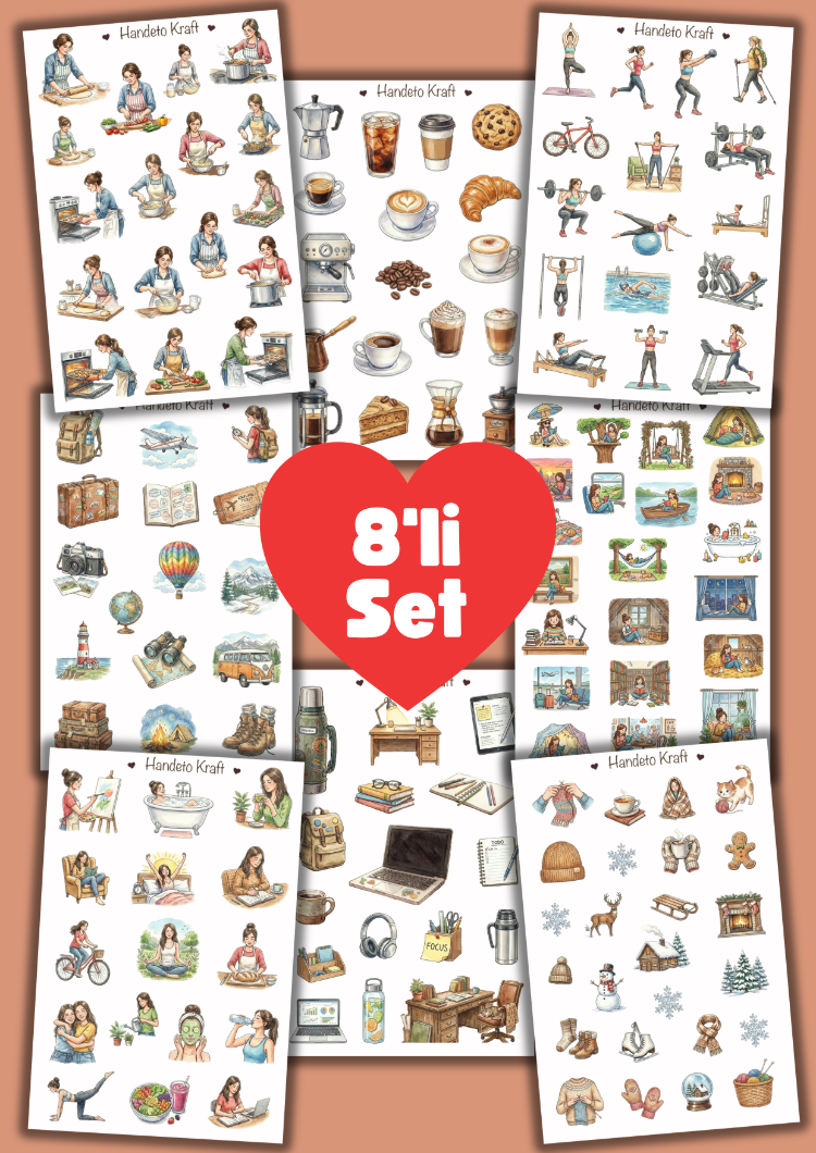 8'li Hobi ve Mod Sticker Seti, Planner Etiket, Çıkartma, Çoklu Sticker, Journal Sticker
