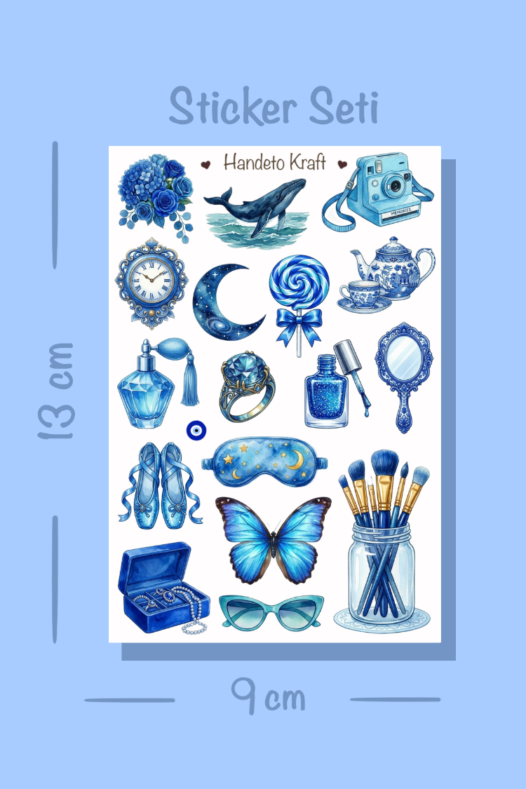 4'lü Blue Aesthetic Sticker Seti, Planner Etiket, Çıkartma, Çoklu Sticker, Journal Sticker