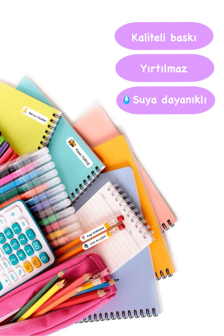 72 Adet Mor Çiçek Temalı Kişiye Özel Okul Etiketi İsim Yazılabilen Etiket Kalem Defter Etiket