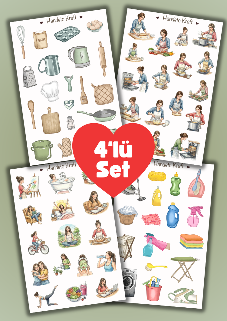 4'lü Mutfak ve Temizlik Sticker Seti, Planner Etiket, Çıkartma, Çoklu Sticker, Journal Sticker
