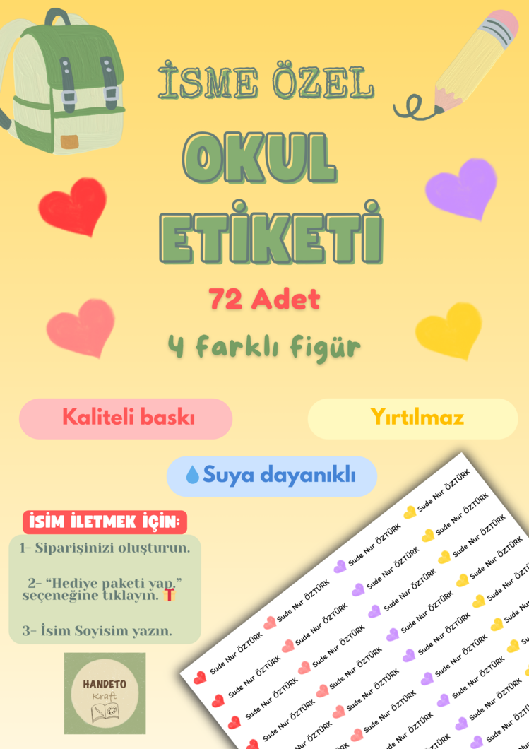 72 Adet Kalp Temalı Kişiye Özel Okul Etiketi İsim Yazılabilen Etiket Kalem Defter Etiket