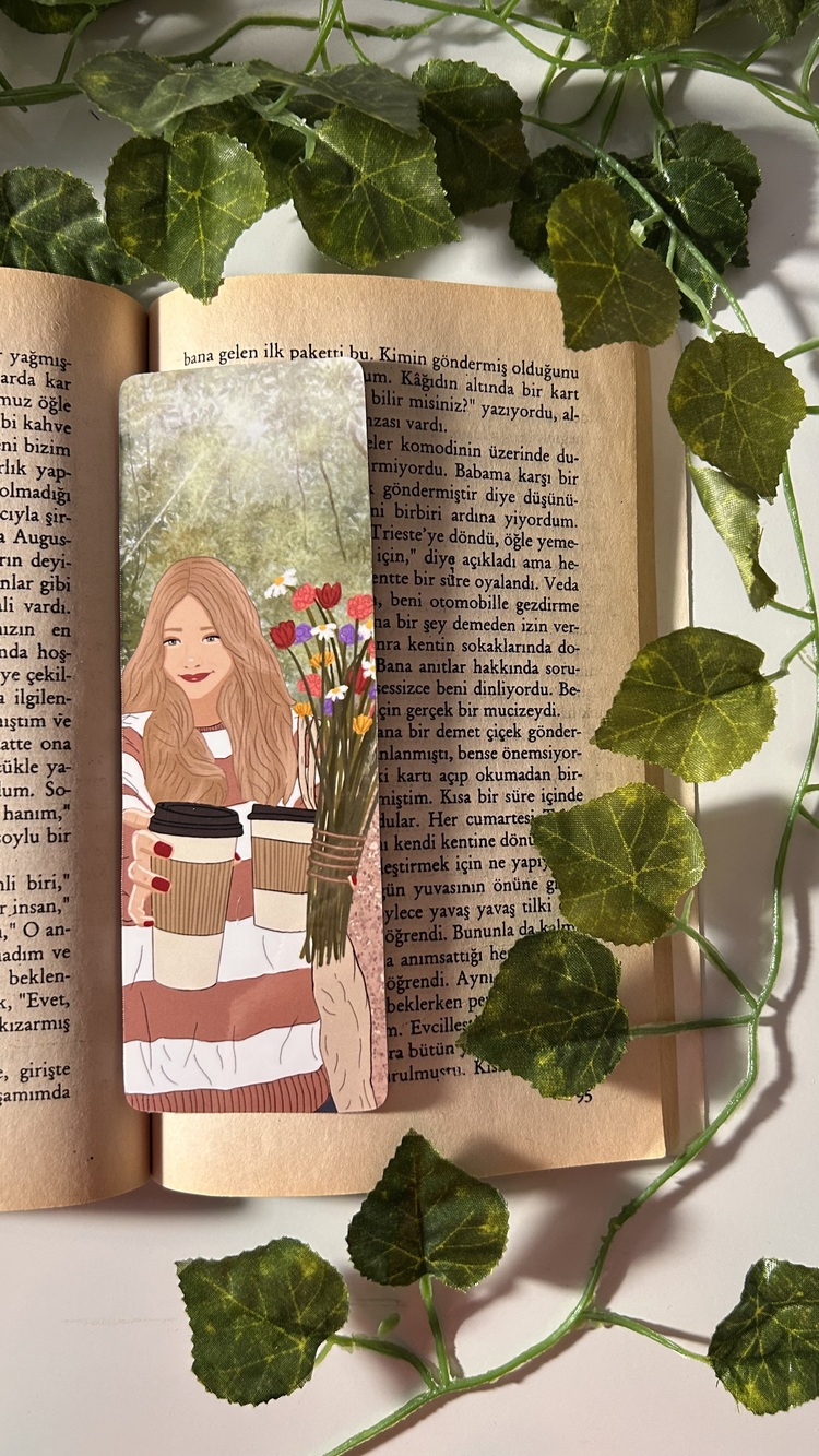 Kahve ve çiçek temalı kitap ayracı