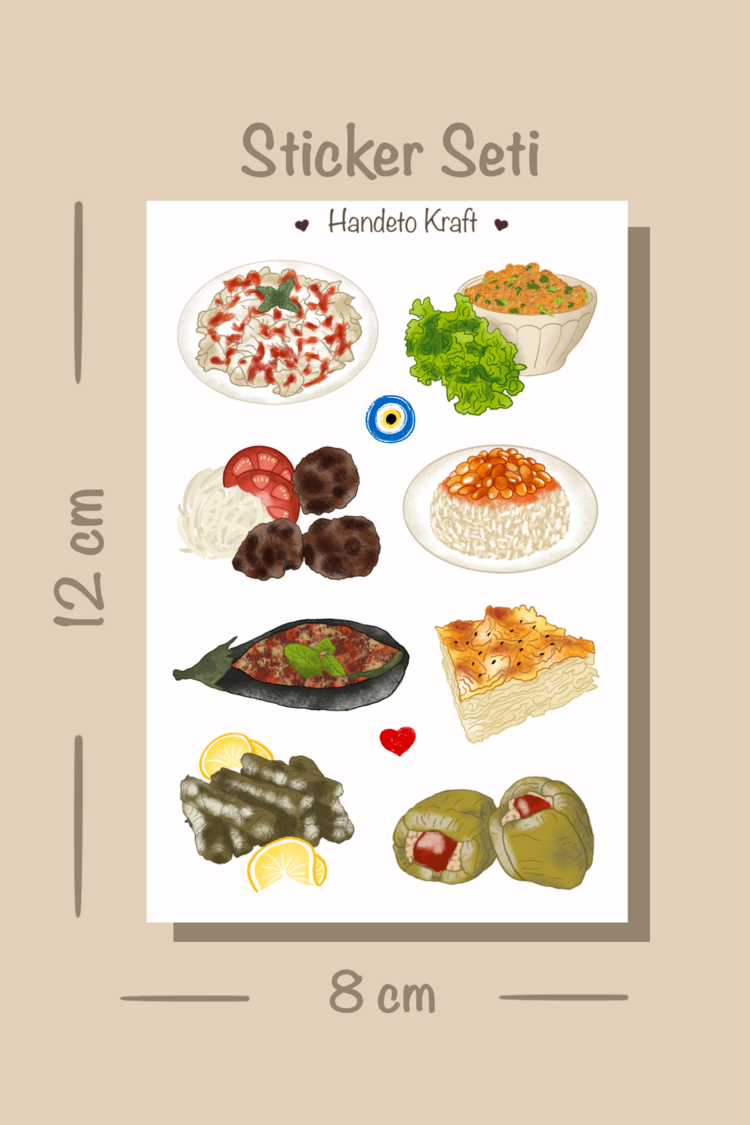 Türk yemekleri temalı Sticker Seti, 8x12 cm, çıkartma, bullet journal, scrapbook, kolaj, etiket