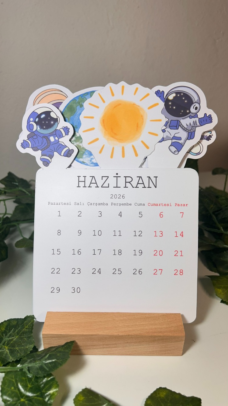 Uzay Temalı Ahşap Ayaklı Özel Tasarım Takvim 2026 Takvim Masa Takvimi Yılbaşı