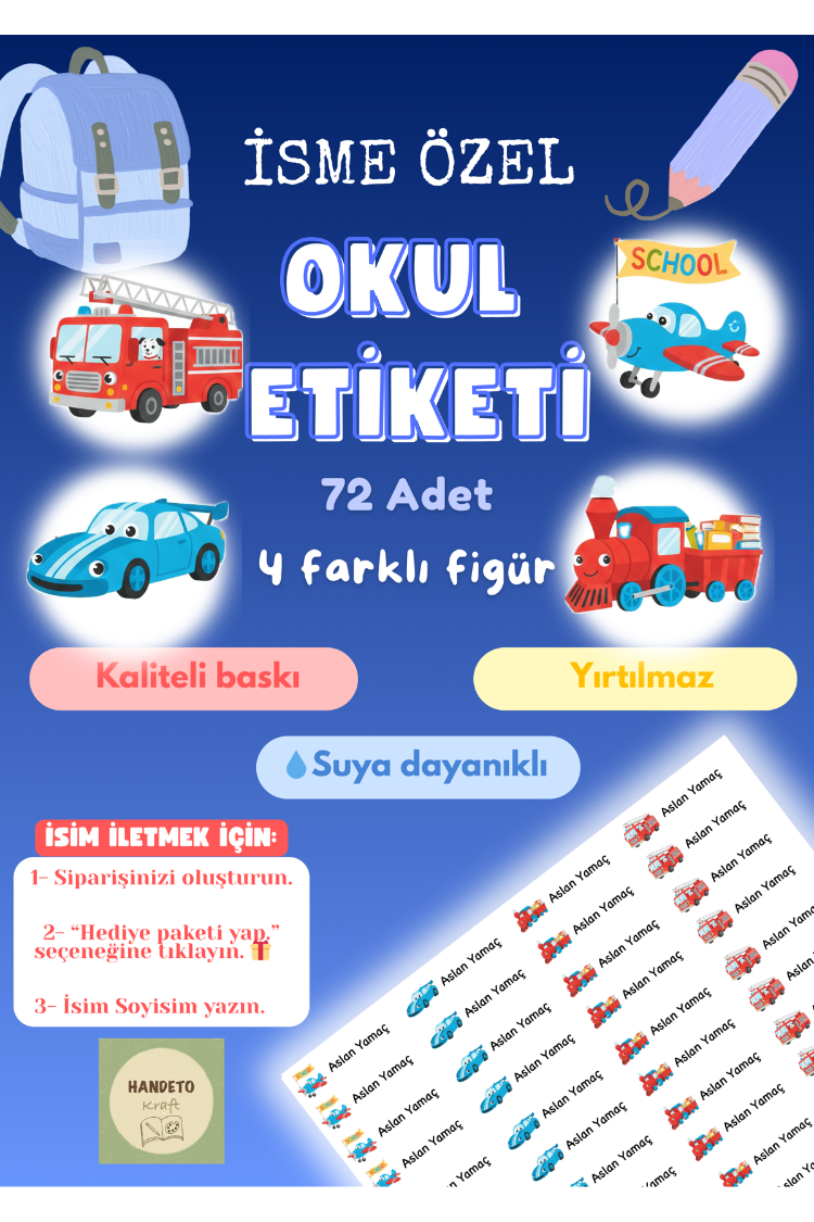 72 Adet Araba Temalı Kişiye Özel Okul Etiketi İsim Yazılabilen Etiket Kalem Defter Etiket
