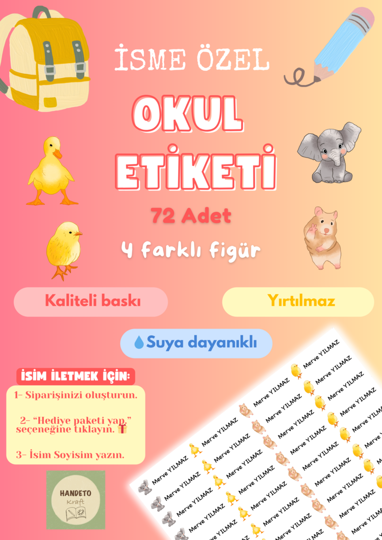 72 Adet Hayvan Temalı Kişiye Özel Okul Etiketi İsim Yazılabilen Etiket Kalem Defter Etiket